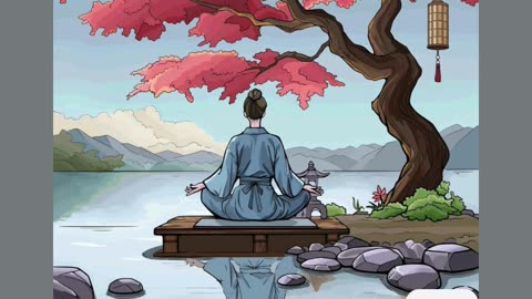 Yoga Meditation by a Lake with a Red Tree in Tranquil Nature