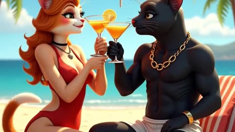 Romantic Beach Kiss – Animated Cat Couple Love Story ❤️🌴