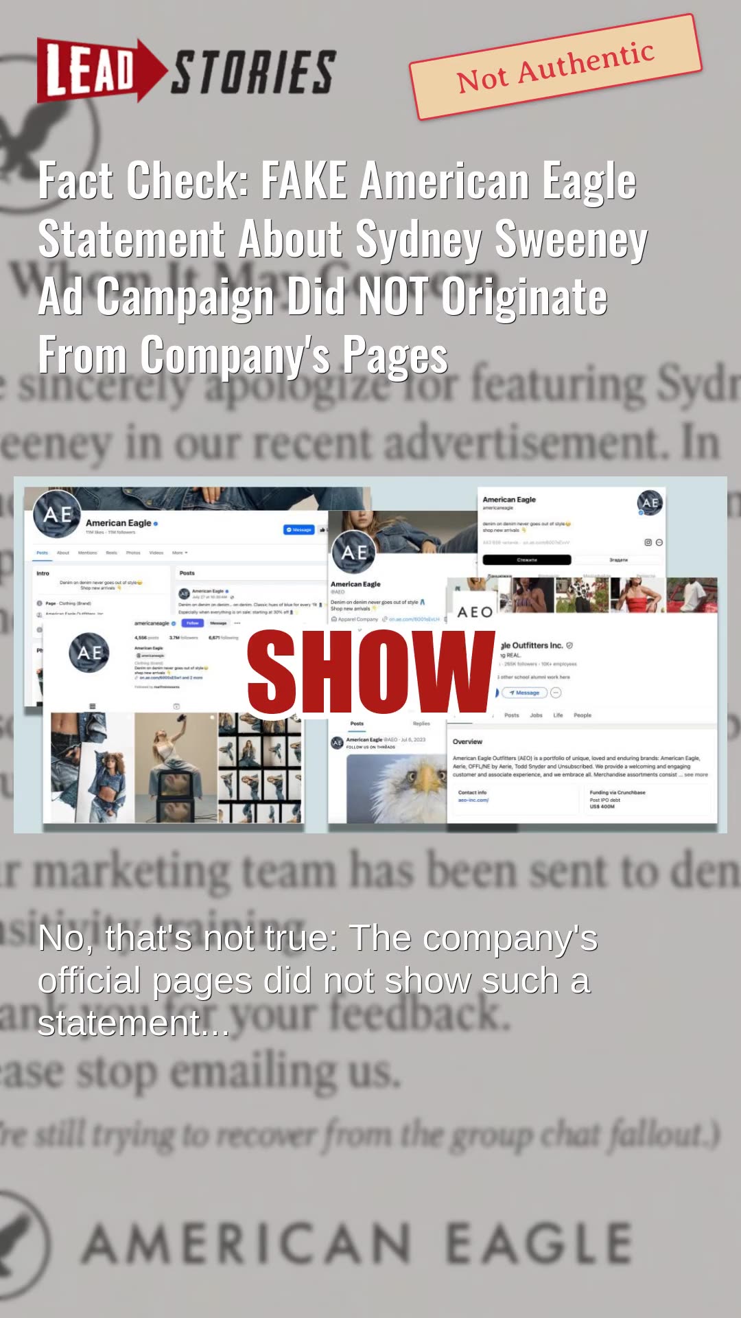 Fact Check: FAKE American Eagle Statement About Sydney Sweeney Ad Did NOT Originate From Company