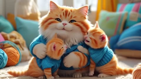 Orange Cat Turns Sheep Wool into Sweaters for Her Kittens You Wont Believe This