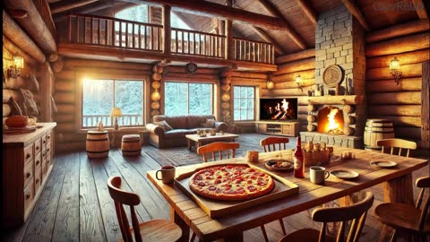 Cozy fireplace vibes with crackling fire, pizza, coffee, and beer – pure relaxation.
