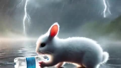 A little rabbit floating in the middle of a heavy rainstorm
