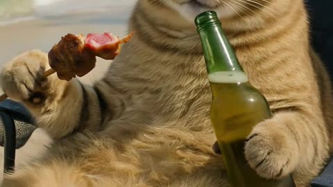 Chillest cat ever? 😎🍢 Sipping beer & grilling on the beach
