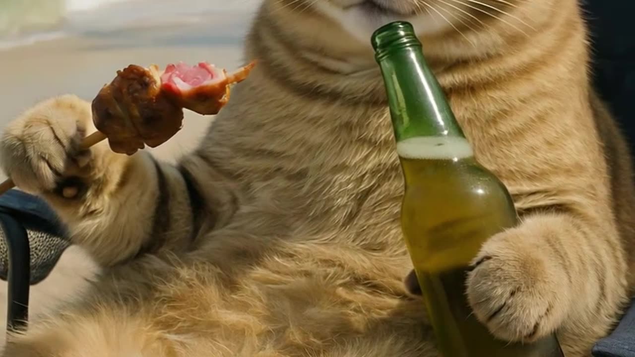 Chillest cat ever? 😎🍢 Sipping beer & grilling on the beach