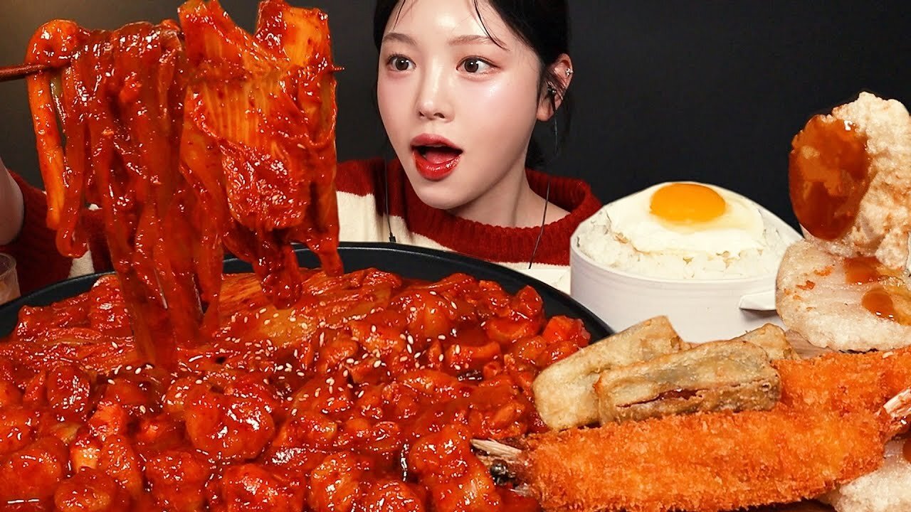 Spicy Braised Intestines and Chicken Stew & Deep-Fried Shrimp, Guo Bao Rou Mukbang ASMR