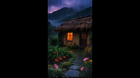 “Cozy Village House Under Heavy Rain 🌿🏡💧”