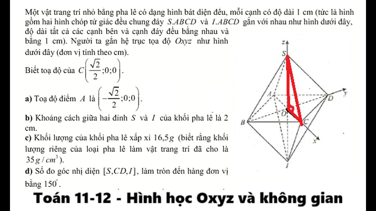 Toán 11-12: Hình học Oxyz và không gian: Một vật trang trí nhỏ bằng pha lê có dạng hình bát diện đều