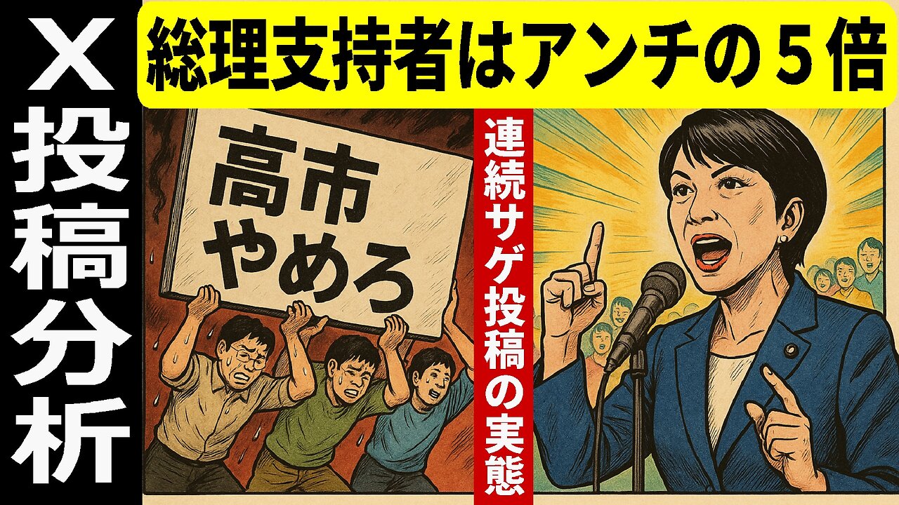🤣X投稿分析！高市総理、アンチの5倍以上という圧倒的支持！少数連投に頼る“サゲ投稿”の苦しさがデータで露呈
