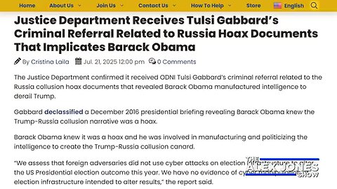 , BREAKING: Justice Department Receives Tulsi Gabbard's Criminal Referral Related To Russia Hoax