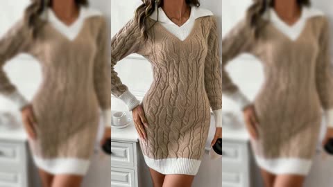 Cable Knit Contrast Trim Sweater Dress