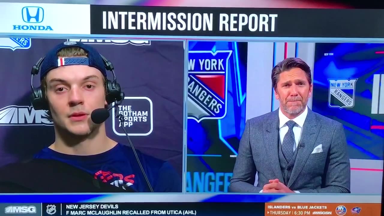 Rangers C #73 Matt Rempe in between periods interview w/3rd goal highlight.