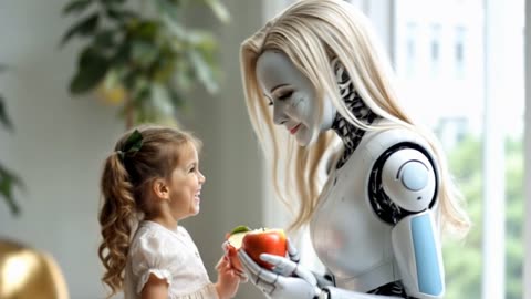 A robot, a girl and an apple