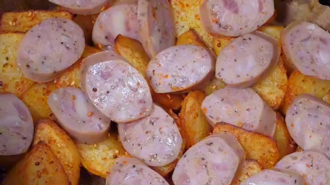 Late night snacks, simple fried potato and sausages, shrimp egg cup