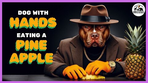 Dog with Hands Eating a Pineapple