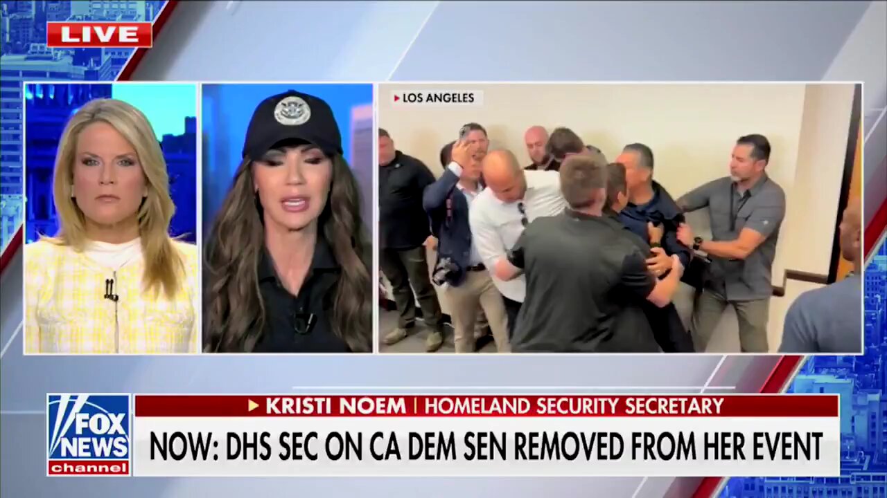 Kristi Noem reacts to Senator Padilla's interruption to the DHS press conference