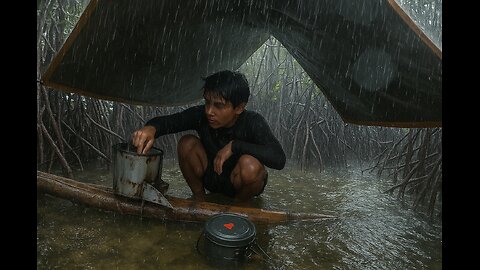 HEAVY RAIN SOLO CAMPING IN MANGROVE FOREST COOKING AND CATCH SHEELS