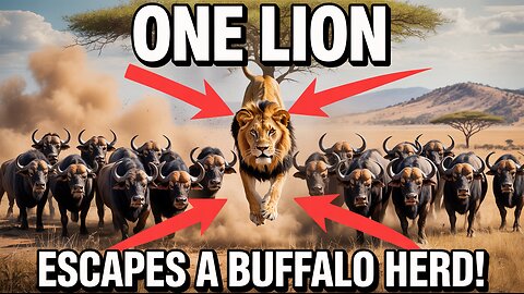 One Lion vs Buffalo Herd: The Daring Tree Escape!