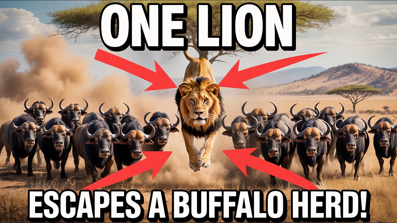 One Lion vs Buffalo Herd: The Daring Tree Escape!