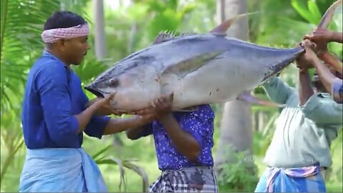 200 Pounds BIG TUNA FISH | Tuna Fish Cutting and Cooking in Village | Tuna Fish Steak Recipe