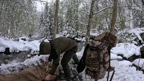 Hot Tent Camping in deep Winter & Catch and Cook