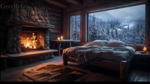 Snow and Cozy Fireplace Sound. Warm Living Room Ambiance in a Cabin in the mountains.