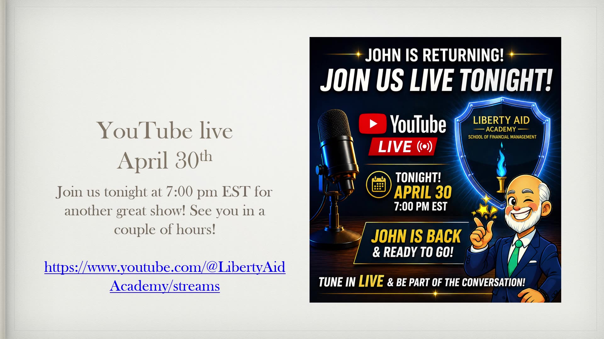 Join us Live at 7:00 pm EST