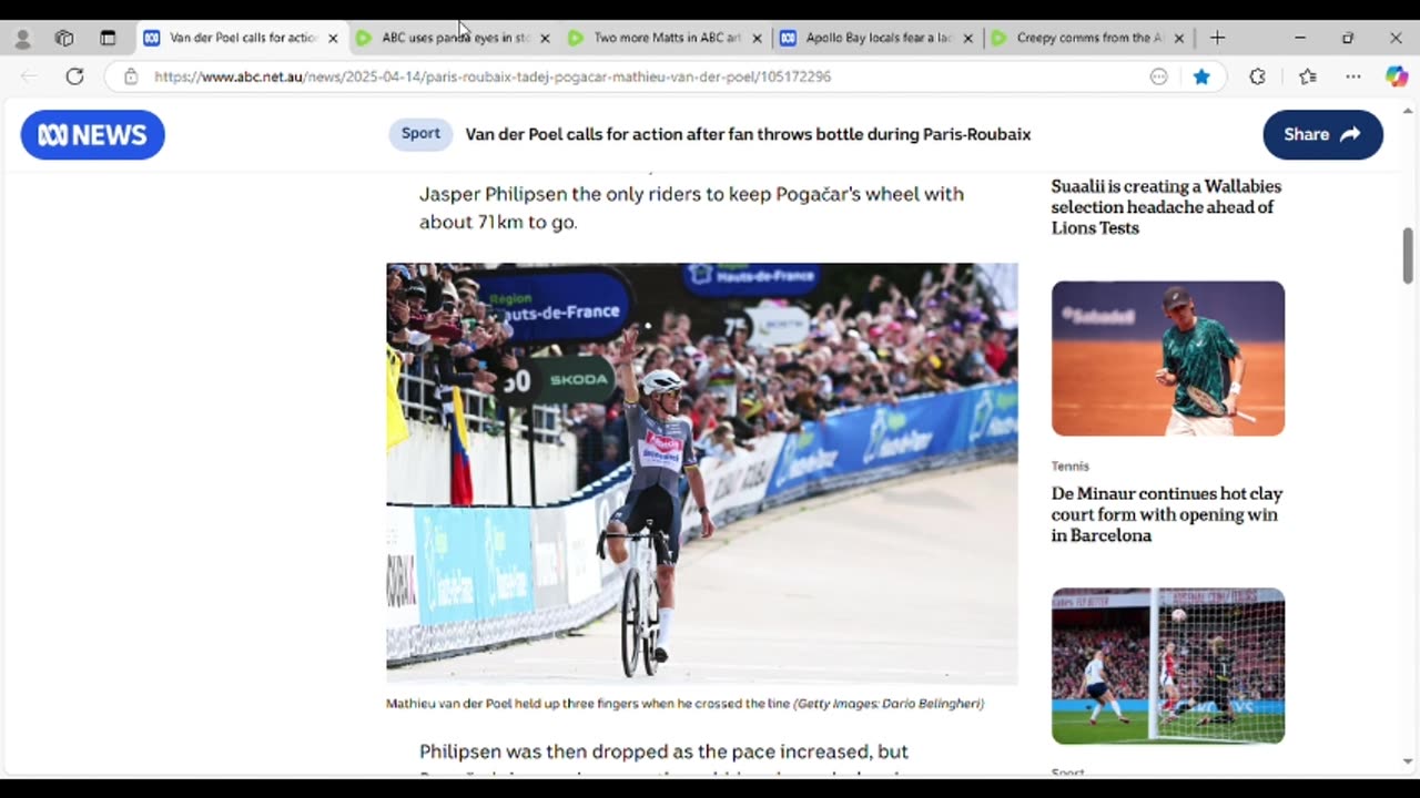 Story about bottle thrown at cyclist Mathieu Van der Poel used for comms about Q