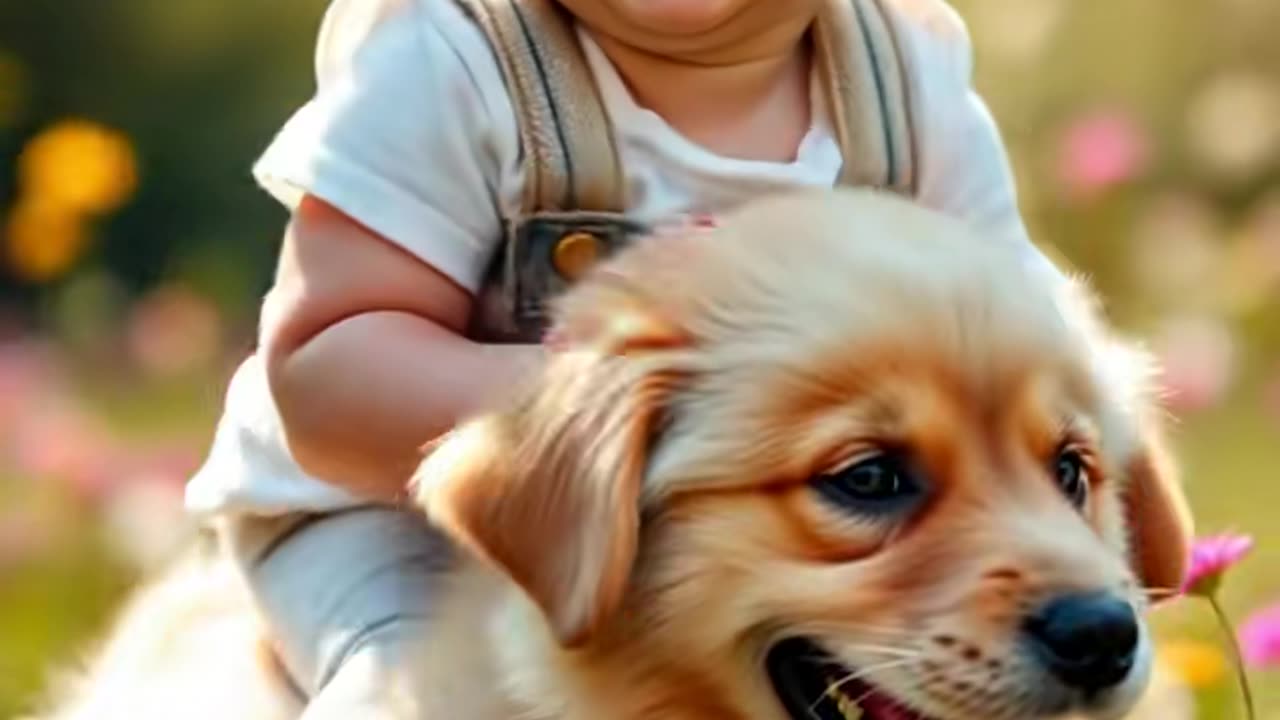 Cute baby playing with dog