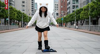 Gigantic East asian girl with white cat hoodie also black skirt and black ugg boot step on tiny man