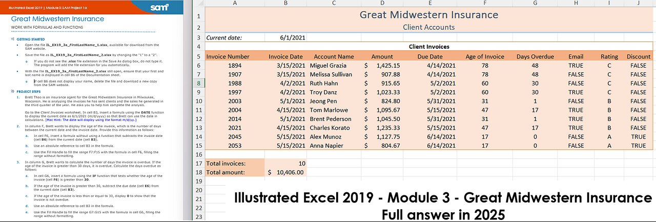 Illustrated Excel 2019 | Module 3: SAM Project 1a | Great Midwestern Insurance (Full answer 2025)