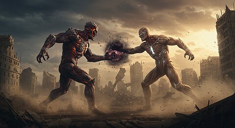 Colossal Titans Clash: Epic Fantasy Battle in a Ruined City