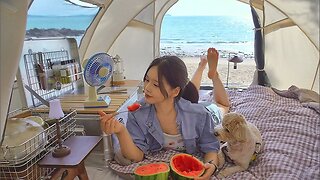 One night in a 3-second one-touch tent in front of the beach Cool cold noodles