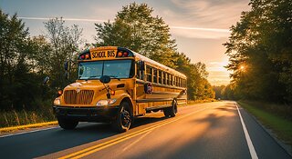 The School Bus Is Driving On The Road