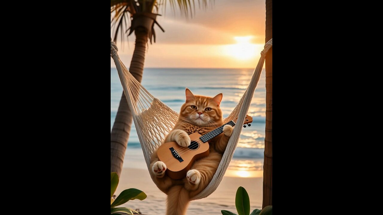 An orange cat. A hammock. A sunset. And yes… that’s Despacito 🎸🌴😎