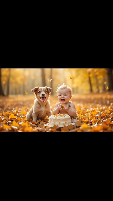 Baby and Dog Share Cake in Autumn Bliss: Sweet Moments! 🍰🐶🍂