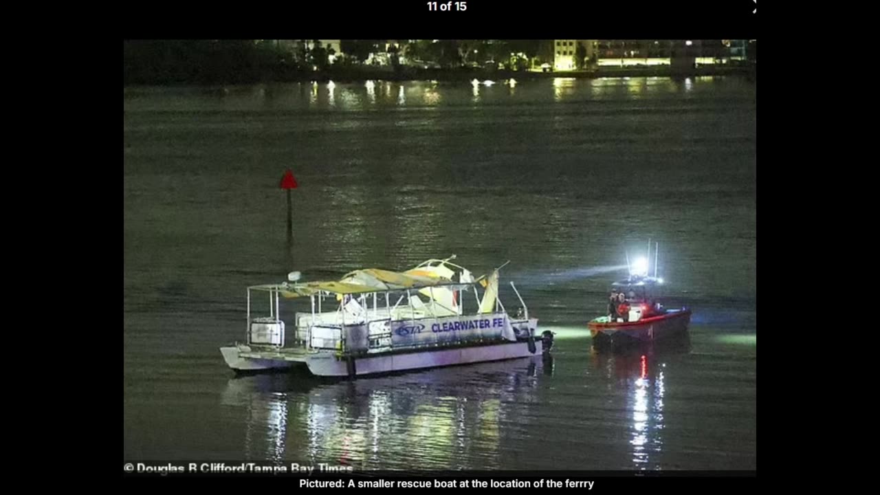 At least one killed in mass casualty event as terrifying images show battered ferry that was carrying 43 festivalgoers and crew when it collided with boat - as cops nab driver who fled scene