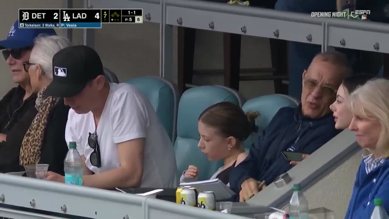 Tom Hanks keeping score at opening day
