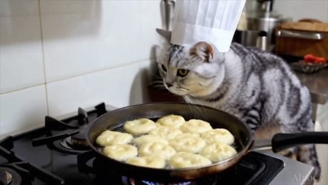 Funny Cats Making Donuts (Glazed Donuts). #funnyscats #funnycat #cookingcat, #kittychef