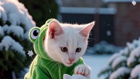 Cute Frog-Suit Kitty Building a Snow Kitty ❄️🐸☃️ Adorable Winter Moment #cat #cute #cats #frog