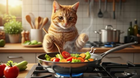 Orange Cat Cookoing and Vege Cutting Vedio ASMR 🍅🥒🥕