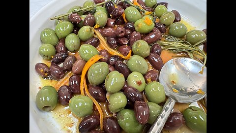 Zesty, Warm Mediterranean Olives with Orange Zest - Easy, Herby Appetizer