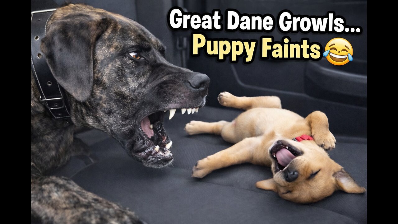 Great Dane Growls… Puppy Faints 😂