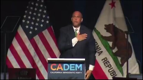 Cory Booker gives a "salute" to the California Democratic Party Convention
