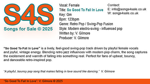 So Good To Fall In Love (Key Gm) 123bpm (2025) S4S (Songs 4 Sale) for Female Vocal