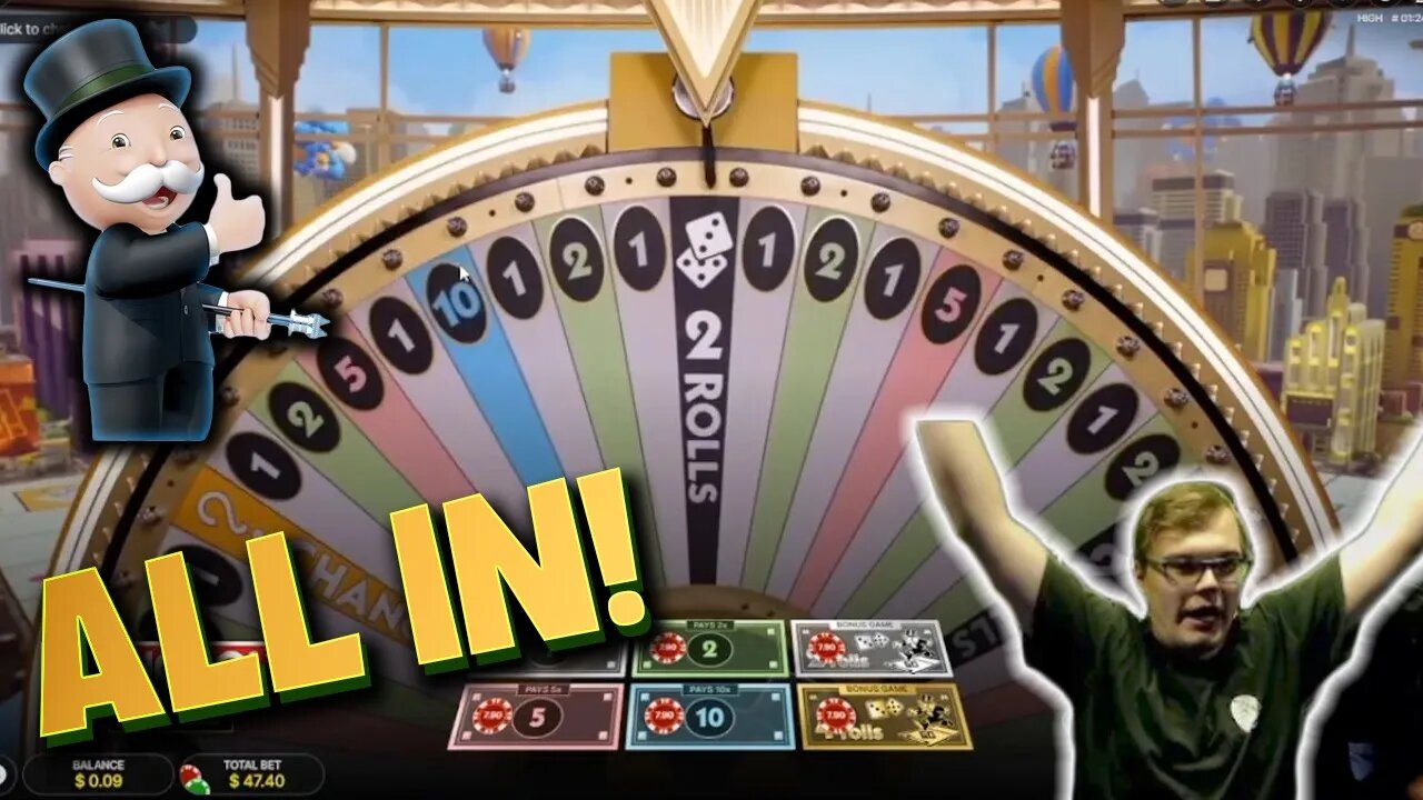 HUGE ALL IN 2 ROLLS MONOPOLY BONUS ROUND WIN!