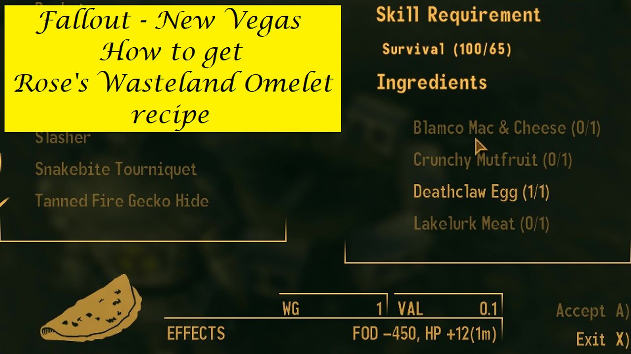 Fallout : New Vegas - How to get Rose's Wasteland Omelet Recipe