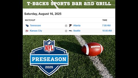 T-Backs Sports Bar and Grill Sports Schedule and Pizza special for Saturday August 16, 2025