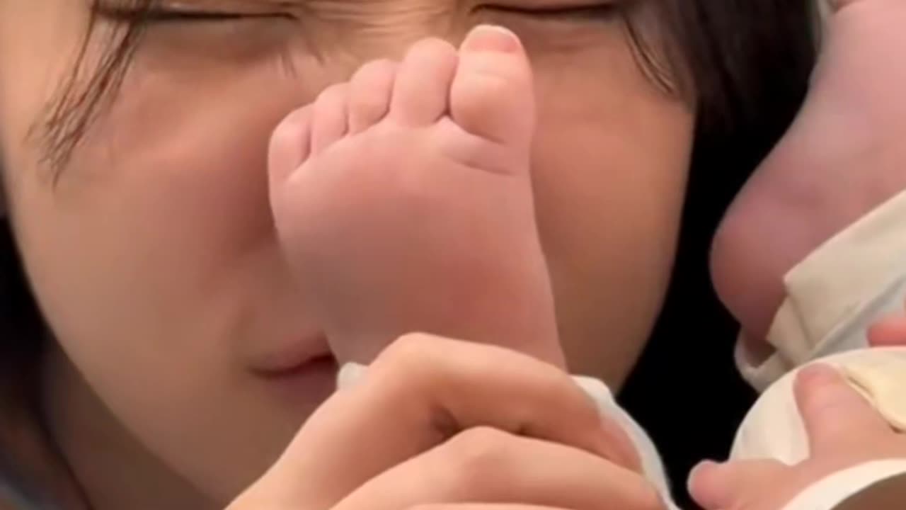 Facing her son's feet and her husband's feet, the beautiful young mother reacted very differently