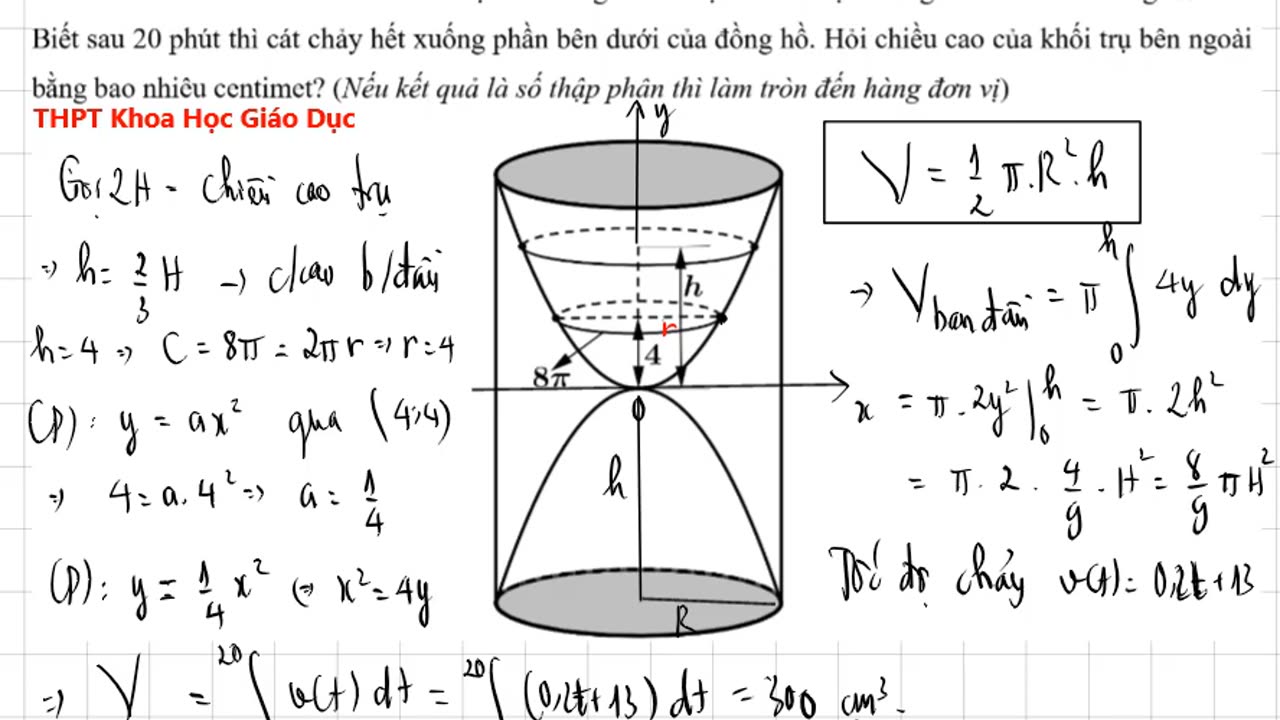 Một chiếc đồng hồ cát như hình vẽ gồm 2 phần đối xứng nhau qua mặt phẳng nằm ngang và đặt trong ...