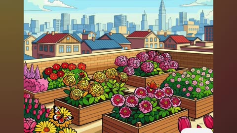 Urban Rooftop Garden with Colorful Flowers and Butterflies